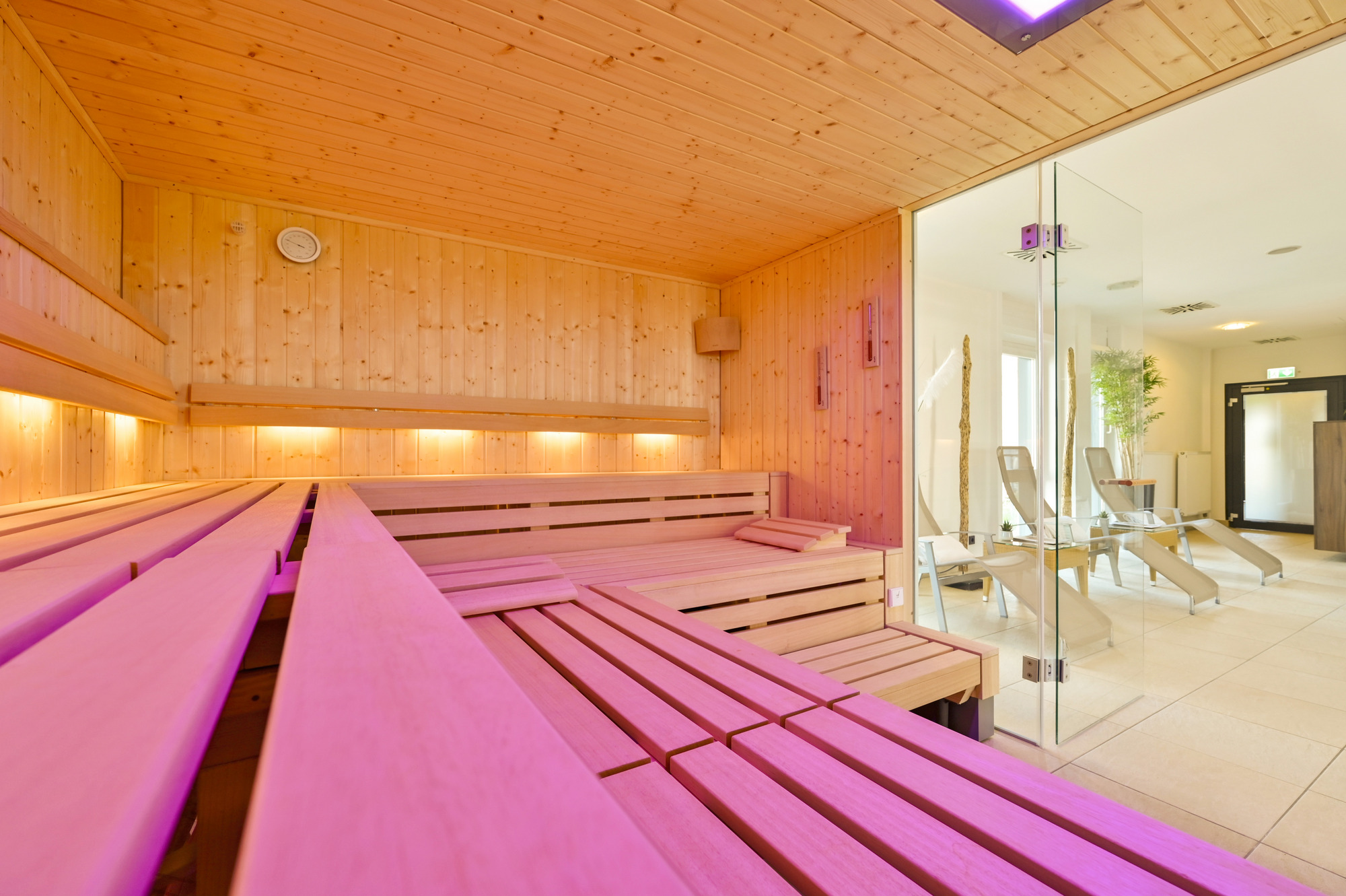 Sauna mit Holzbänken, lila Beleuchtung und Glastür